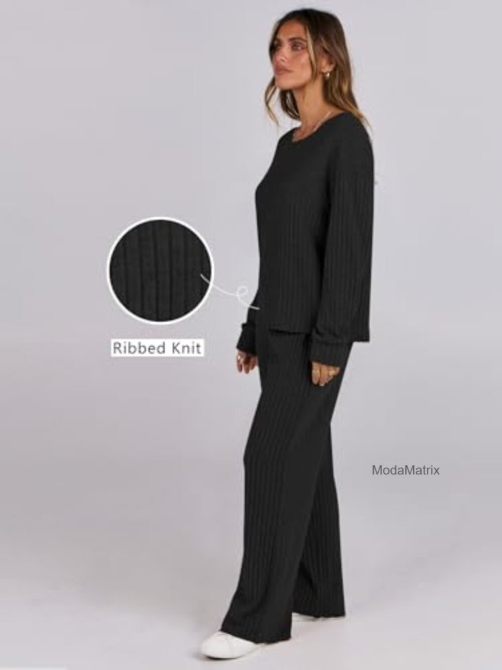 Women's 2-Piece Lounge Pajamas Set, Fleece-Lined Ribbed Knit, Long Sleeve, Wide - Picture 3 of 6